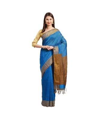 Blue & Brown Woven And Tassels Silk Blend Saree With Blouse 1