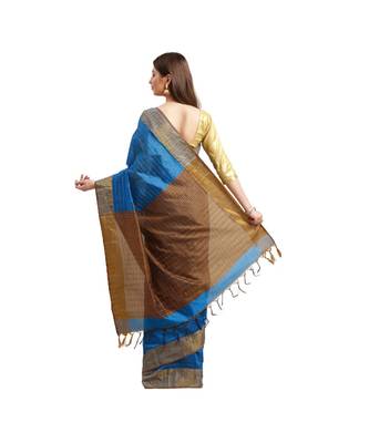 Blue & Brown Woven And Tassels Silk Blend Saree With Blouse 2