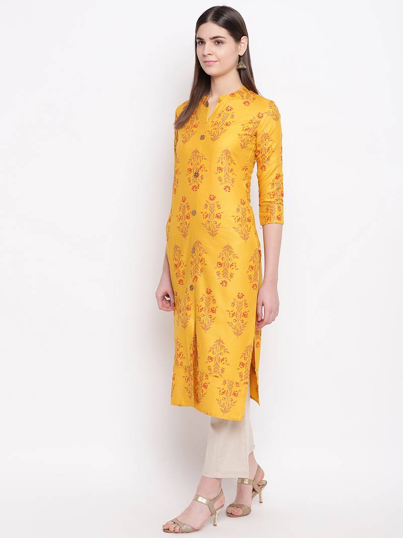 Yellow printed cotton kurti