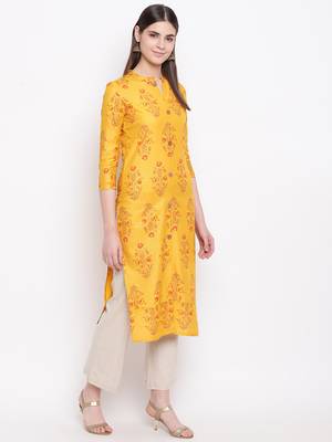 Yellow printed cotton kurti 4