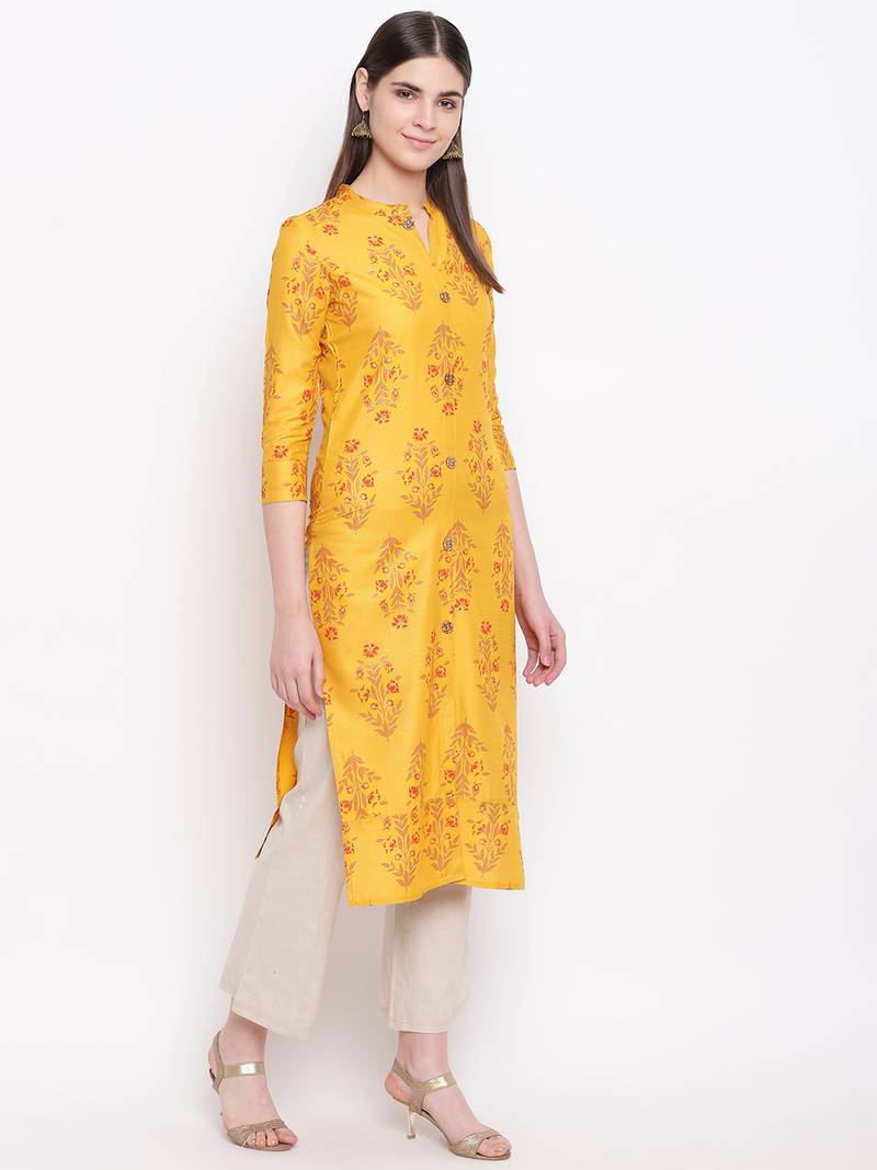 Yellow printed cotton kurti