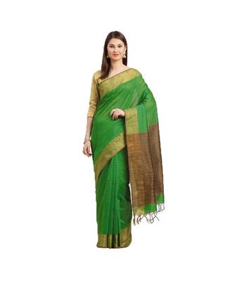 Green & Brown Woven And Tassels Silk Blend Saree With Blouse 1