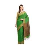 Green & Brown Woven And Tassels Silk Blend Saree With Blouse