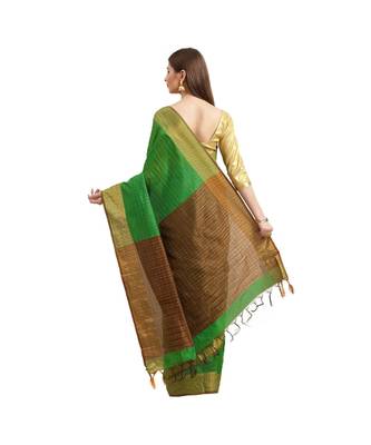Green & Brown Woven And Tassels Silk Blend Saree With Blouse 2