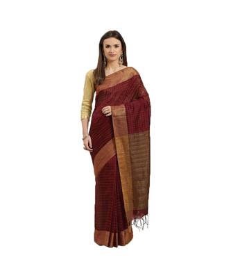Maroon & Brown Woven And Tassels Silk Blend Saree With Blouse 1