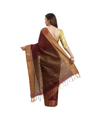 Maroon & Brown Woven And Tassels Silk Blend Saree With Blouse 2