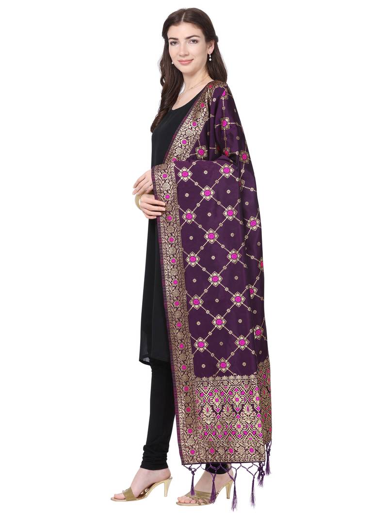 Purple Poly Silk Banarasi Womens Dupatta