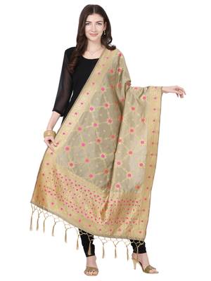 Beige Poly Silk Banarasi Womens Dupatta 1