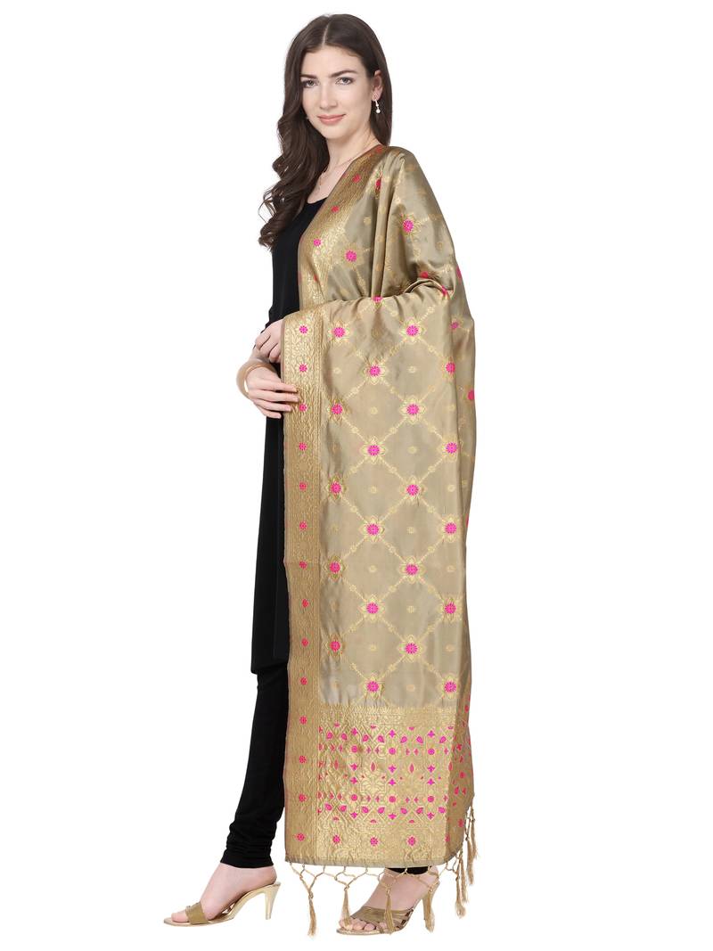 Beige Poly Silk Banarasi Womens Dupatta