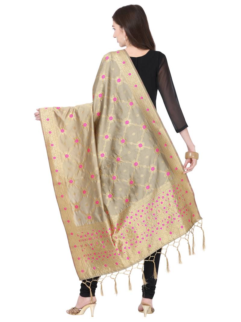 Beige Poly Silk Banarasi Womens Dupatta