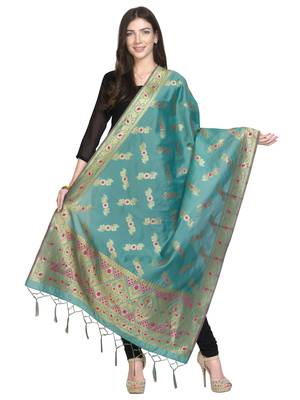 Blue Poly Silk Banarasi Womens Dupatta 1
