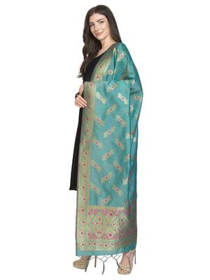 Blue Poly Silk Banarasi Womens Dupatta 2