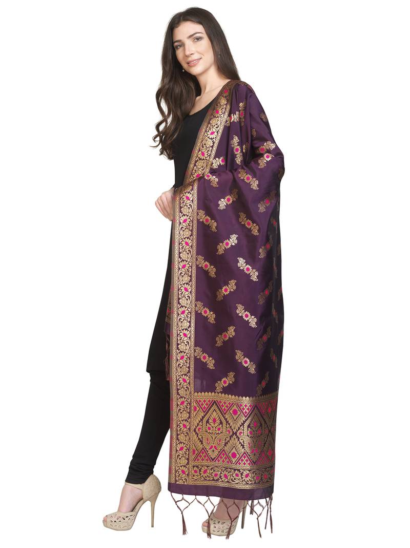 Purple Poly Silk Banarasi Womens Dupatta