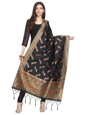 Black Poly Silk Banarasi Womens Dupatta 1