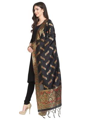 Black Poly Silk Banarasi Womens Dupatta 2