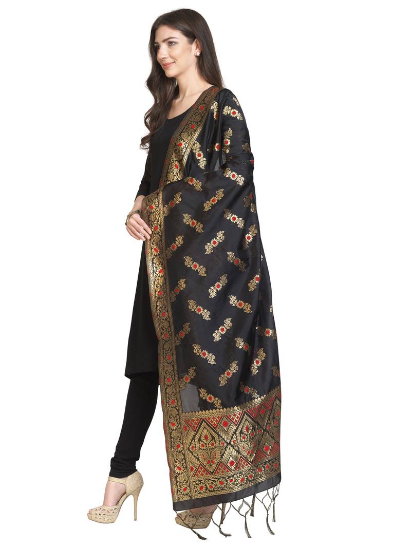 Black Poly Silk Banarasi Womens Dupatta