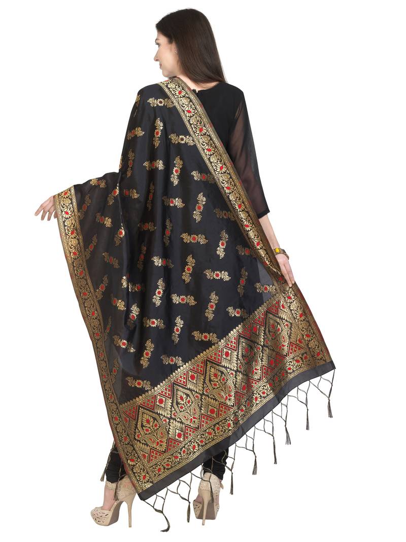 Black Poly Silk Banarasi Womens Dupatta