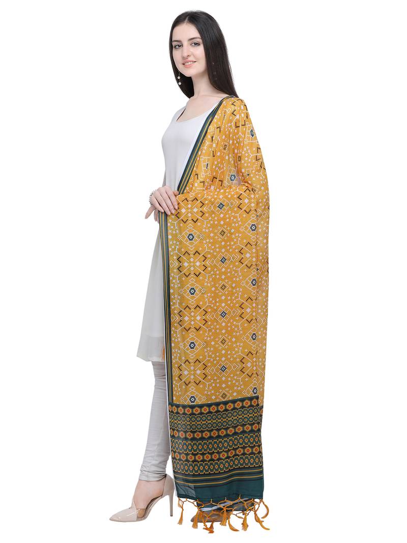 Yellow Muslin Patola Printed Womens Dupatta