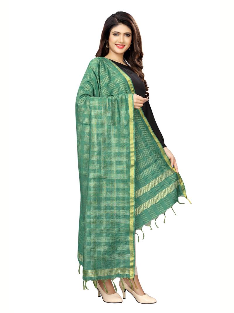 Green Poly Silk Zari Woven Checks Womens Dupatta