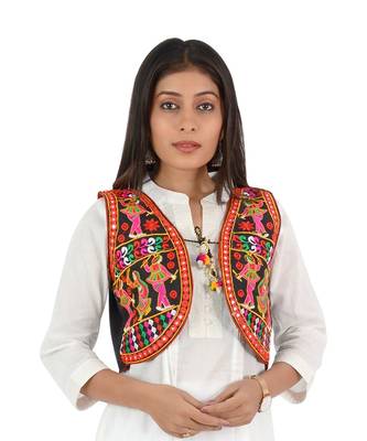 Women's Cotton Blend Kutchi Embroidered Sleeveless Short Ethnic Jacket/Koti 1