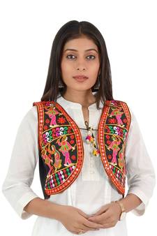 Women's Cotton Blend Kutchi Embroidered Sleeveless Short Ethnic Jacket/Koti