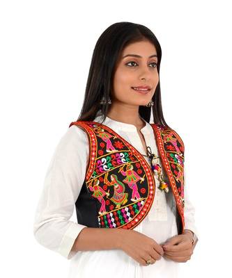 Women's Cotton Blend Kutchi Embroidered Sleeveless Short Ethnic Jacket/Koti 3