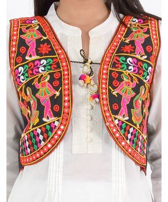 Women's Cotton Blend Kutchi Embroidered Sleeveless Short Ethnic Jacket/Koti 4