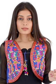 Women's Cotton Blend Kutchi Embroidered Sleeveless Short Ethnic Jacket/Koti
