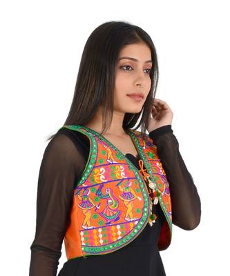 Women's Cotton Blend Kutchi Embroidered Sleeveless Short Ethnic Jacket/Koti 3
