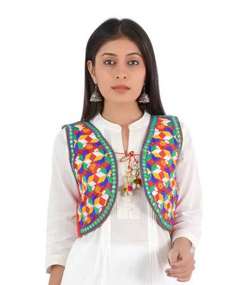 Women's Cotton Blend Kutchi Embroidered Sleeveless Short Ethnic Jacket/Koti 1