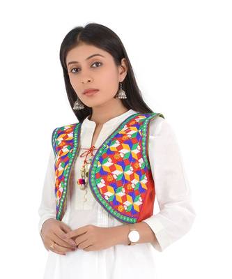 Women's Cotton Blend Kutchi Embroidered Sleeveless Short Ethnic Jacket/Koti 3
