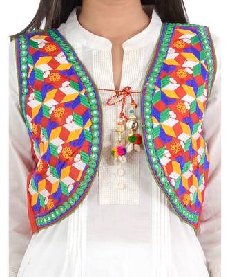 Women's Cotton Blend Kutchi Embroidered Sleeveless Short Ethnic Jacket/Koti 4