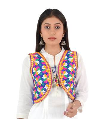 Women's Cotton Blend Kutchi Embroidered Sleeveless Short Ethnic Jacket/Koti 1
