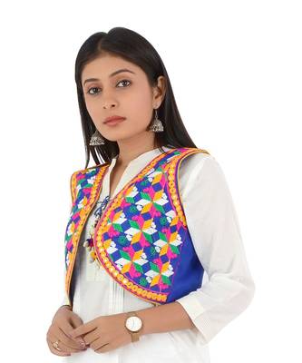 Women's Cotton Blend Kutchi Embroidered Sleeveless Short Ethnic Jacket/Koti 3