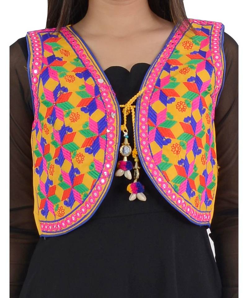 Women's Cotton Blend Kutchi Embroidered Sleeveless Short Ethnic Jacket