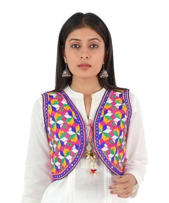 Women's Cotton Blend Kutchi Embroidered Sleeveless Short Ethnic Jacket/Koti 1