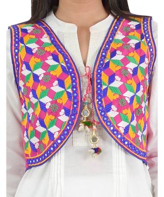 Women's Cotton Blend Kutchi Embroidered Sleeveless Short Ethnic Jacket/Koti 4