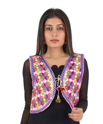 Women's Cotton Blend Kutchi Embroidered Sleeveless Short Ethnic Jacket/Koti 1