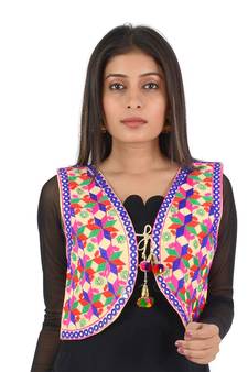Women's Cotton Blend Kutchi Embroidered Sleeveless Short Ethnic Jacket/Koti