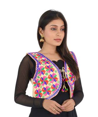 Women's Cotton Blend Kutchi Embroidered Sleeveless Short Ethnic Jacket/Koti 3