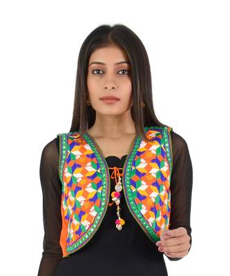 Women's Cotton Blend Kutchi Embroidered Sleeveless Short Ethnic Jacket/Koti 1