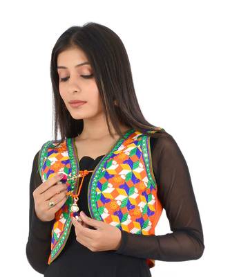 Women's Cotton Blend Kutchi Embroidered Sleeveless Short Ethnic Jacket/Koti 3