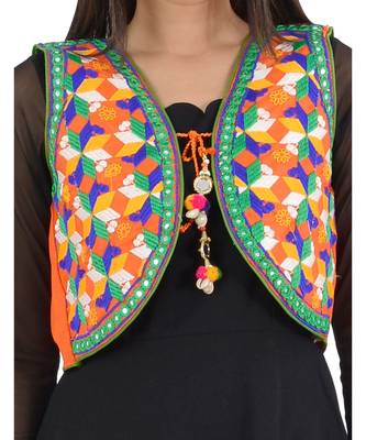 Women's Cotton Blend Kutchi Embroidered Sleeveless Short Ethnic Jacket/Koti 4