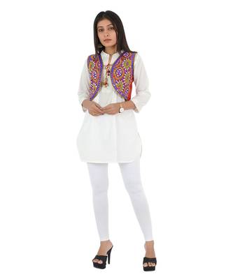Women's Cotton Blend Kutchi Embroidered Sleeveless Short Ethnic Jacket/Koti 4