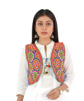 Women's Cotton Blend Kutchi Embroidered Sleeveless Short Ethnic Jacket/Koti 1
