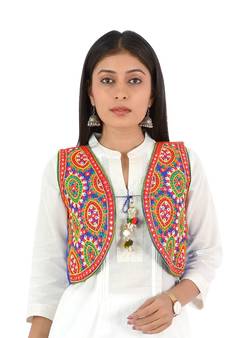 Women's Cotton Blend Kutchi Embroidered Sleeveless Short Ethnic Jacket/Koti