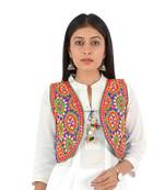 Women's Cotton Blend Kutchi Embroidered Sleeveless Short Ethnic Jacket/Koti