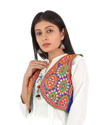 Women's Cotton Blend Kutchi Embroidered Sleeveless Short Ethnic Jacket/Koti 3