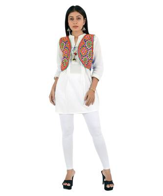Women's Cotton Blend Kutchi Embroidered Sleeveless Short Ethnic Jacket/Koti 4