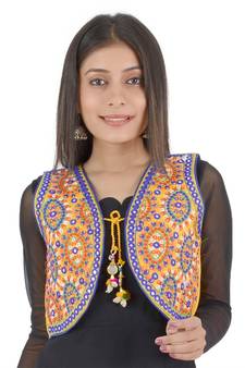 Women's Cotton Blend Kutchi Embroidered Sleeveless Short Ethnic Jacket/Koti
